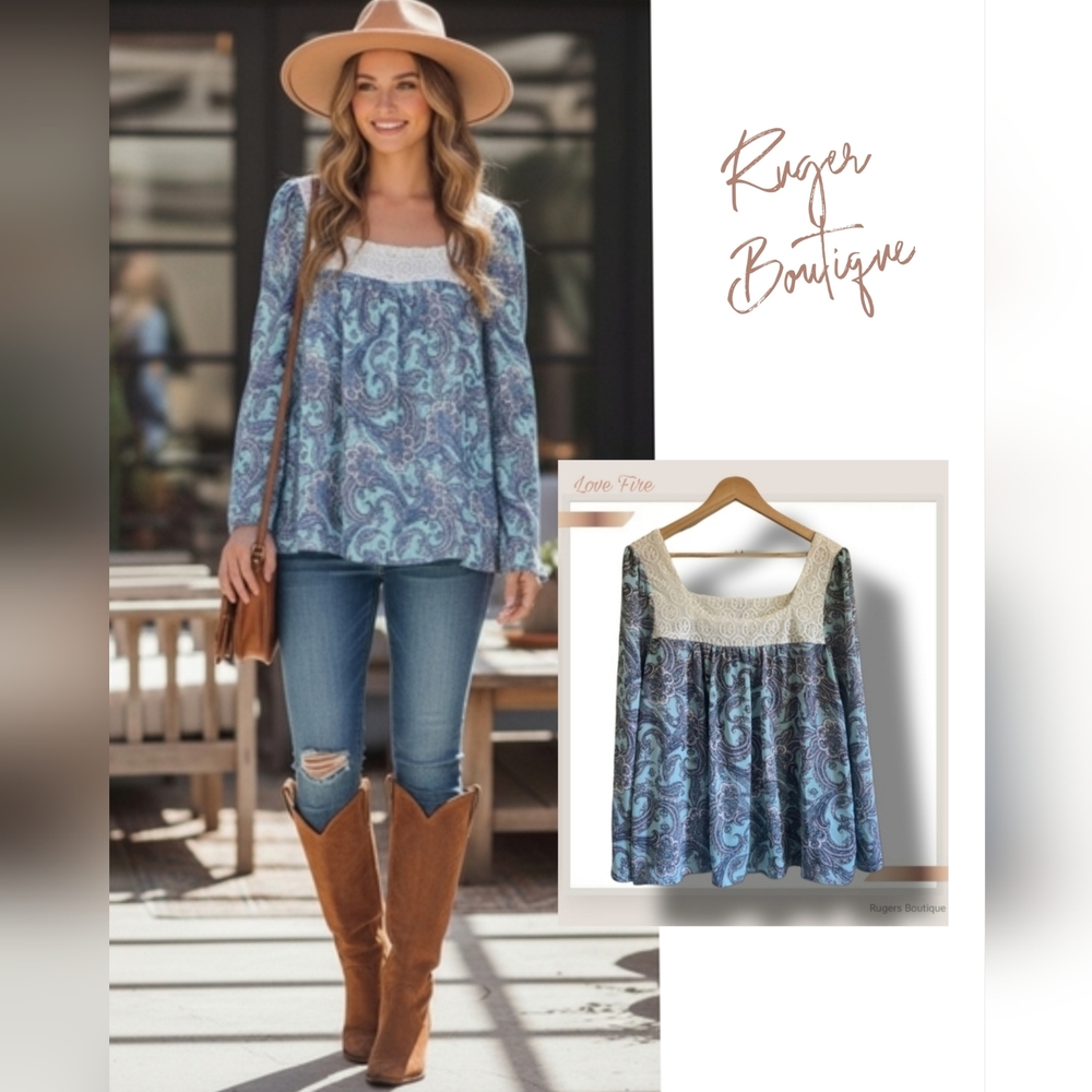 🌿LoveFire Women's XL Boho Peasant Blouse with Back Ties and Bell Sleeves!